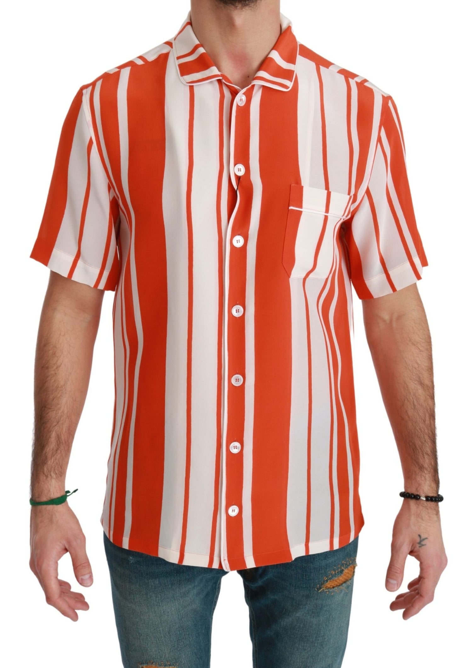 Dolce & Gabbana Elegant Striped Silk Shirt - White & Orange Dolce & Gabbana