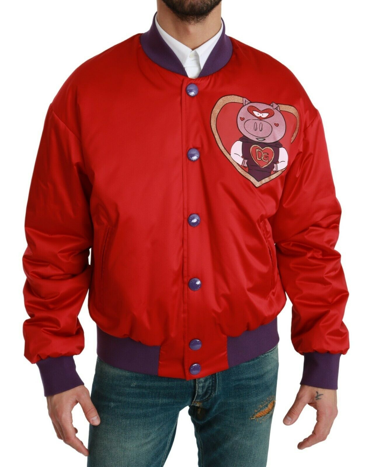 Dolce & Gabbana Vibrant Red Bomber Jacket with Multicolor Motif Dolce & Gabbana