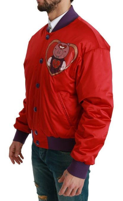 Dolce & Gabbana Vibrant Red Bomber Jacket with Multicolor Motif Dolce & Gabbana