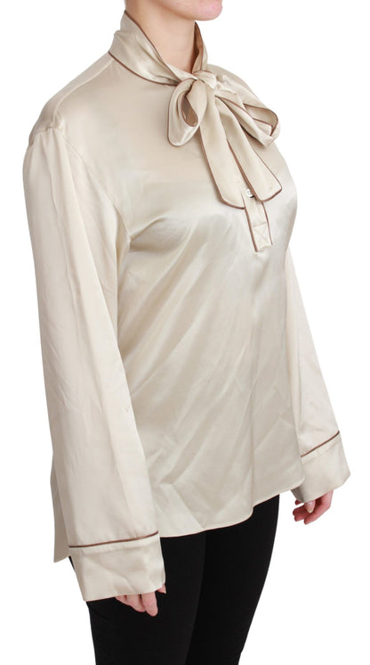 Dolce & Gabbana Elegant Beige Silk Satin Blouse with QUEEN Embroidery Dolce & Gabbana