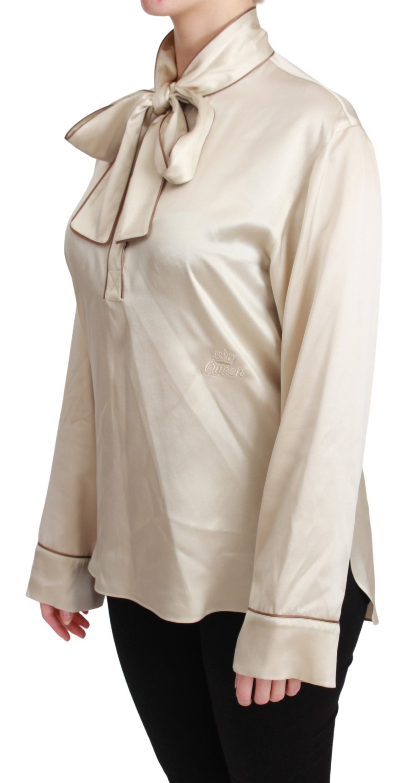 Dolce & Gabbana Elegant Beige Silk Satin Blouse with QUEEN Embroidery Dolce & Gabbana