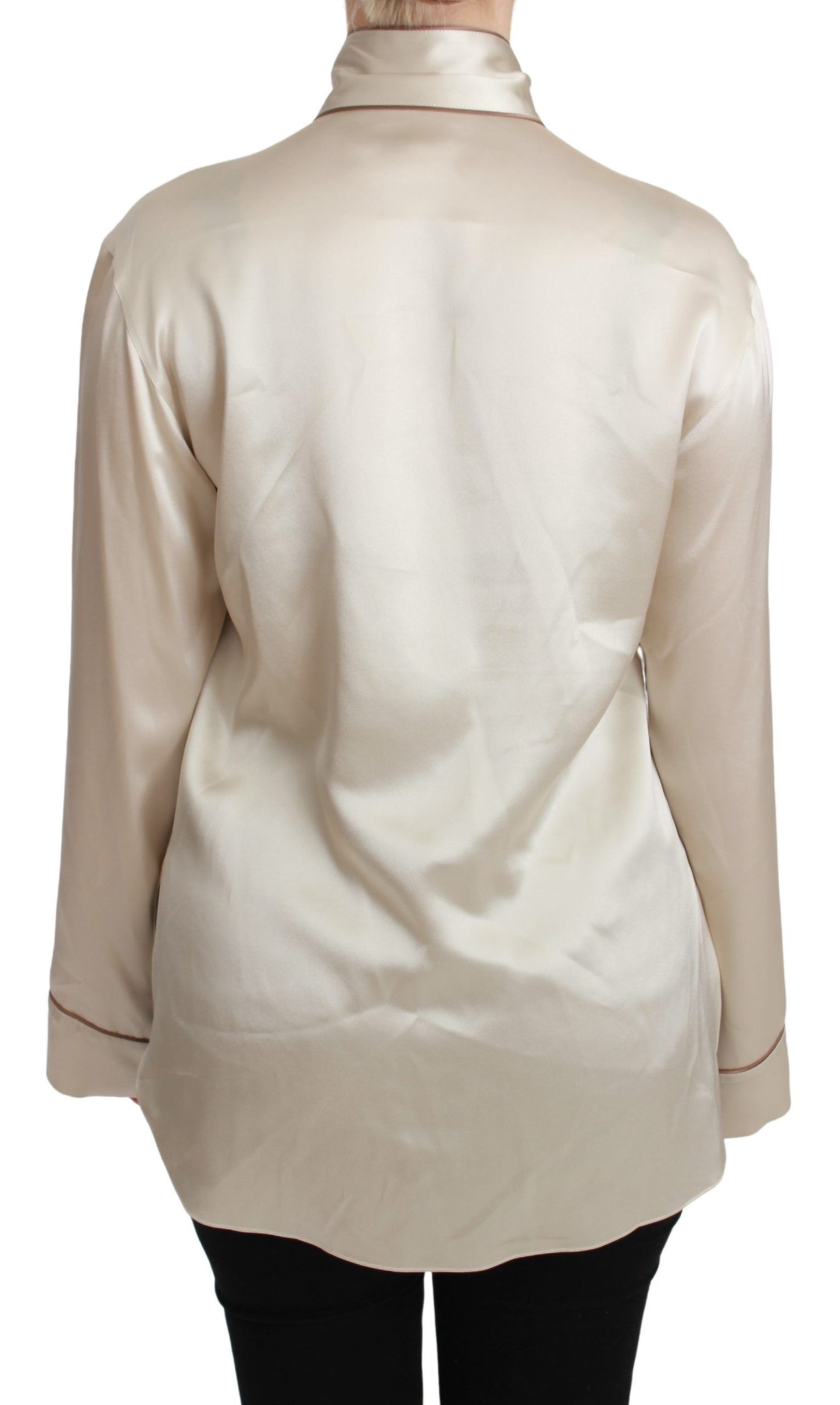 Dolce & Gabbana Elegant Beige Silk Satin Blouse with QUEEN Embroidery Dolce & Gabbana