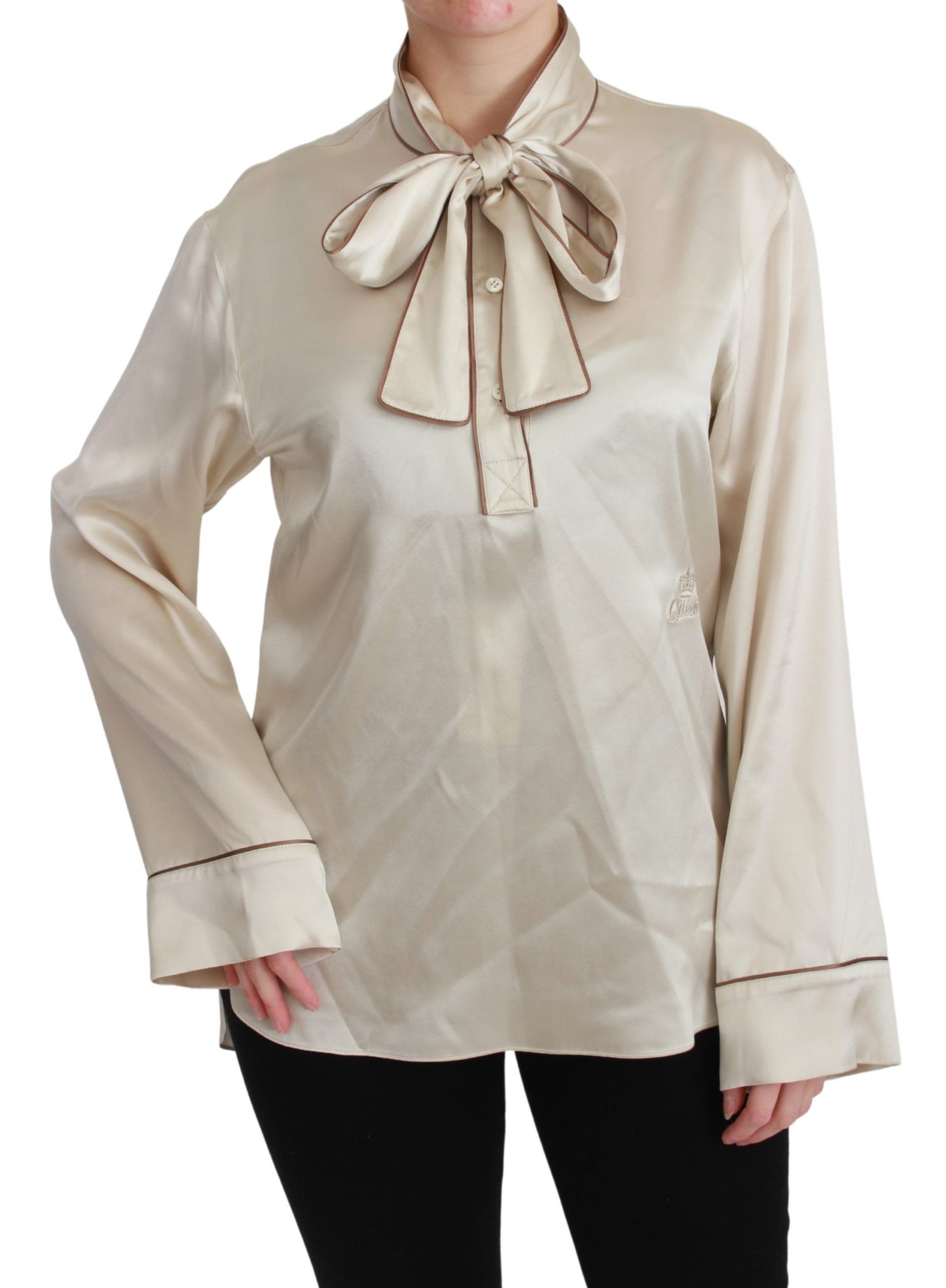 Dolce & Gabbana Elegant Beige Silk Satin Blouse with QUEEN Embroidery Dolce & Gabbana