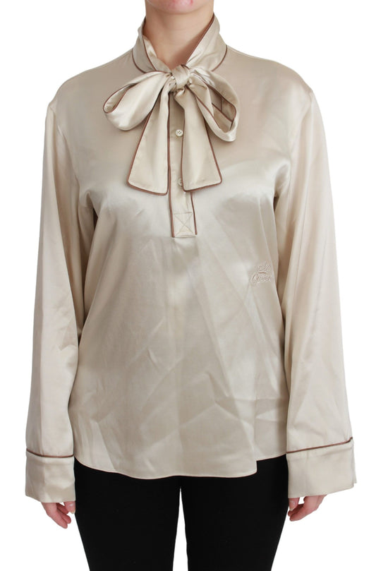 Dolce & Gabbana Elegant Beige Silk Satin Blouse with QUEEN Embroidery Dolce & Gabbana