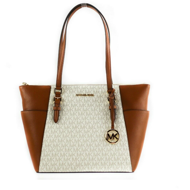 Michael Kors Charlotte Signature Leather Large Top Zip Tote Handbag Bag (Vanilla) Michael Kors