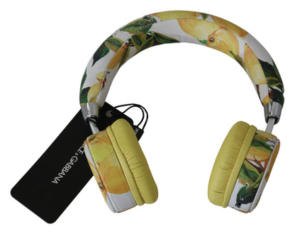 Dolce & Gabbana Chic White Leather Headphones with Yellow Print Dolce & Gabbana