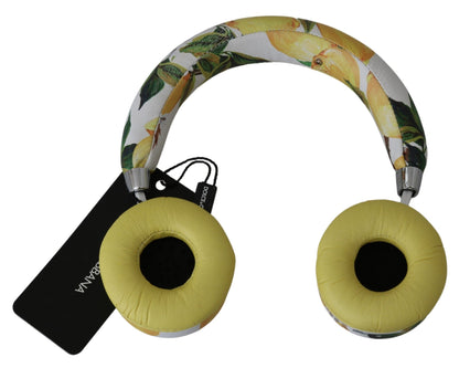 Dolce & Gabbana Chic White Leather Headphones with Yellow Print Dolce & Gabbana