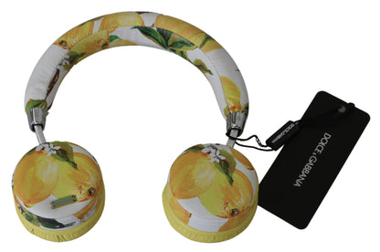 Dolce & Gabbana Chic White Leather Headphones with Yellow Print Dolce & Gabbana