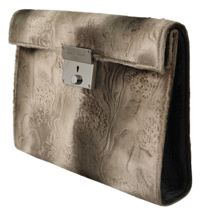 Dolce & Gabbana Beige Velvet Croco-Print Leather Briefcase Clutch Dolce & Gabbana