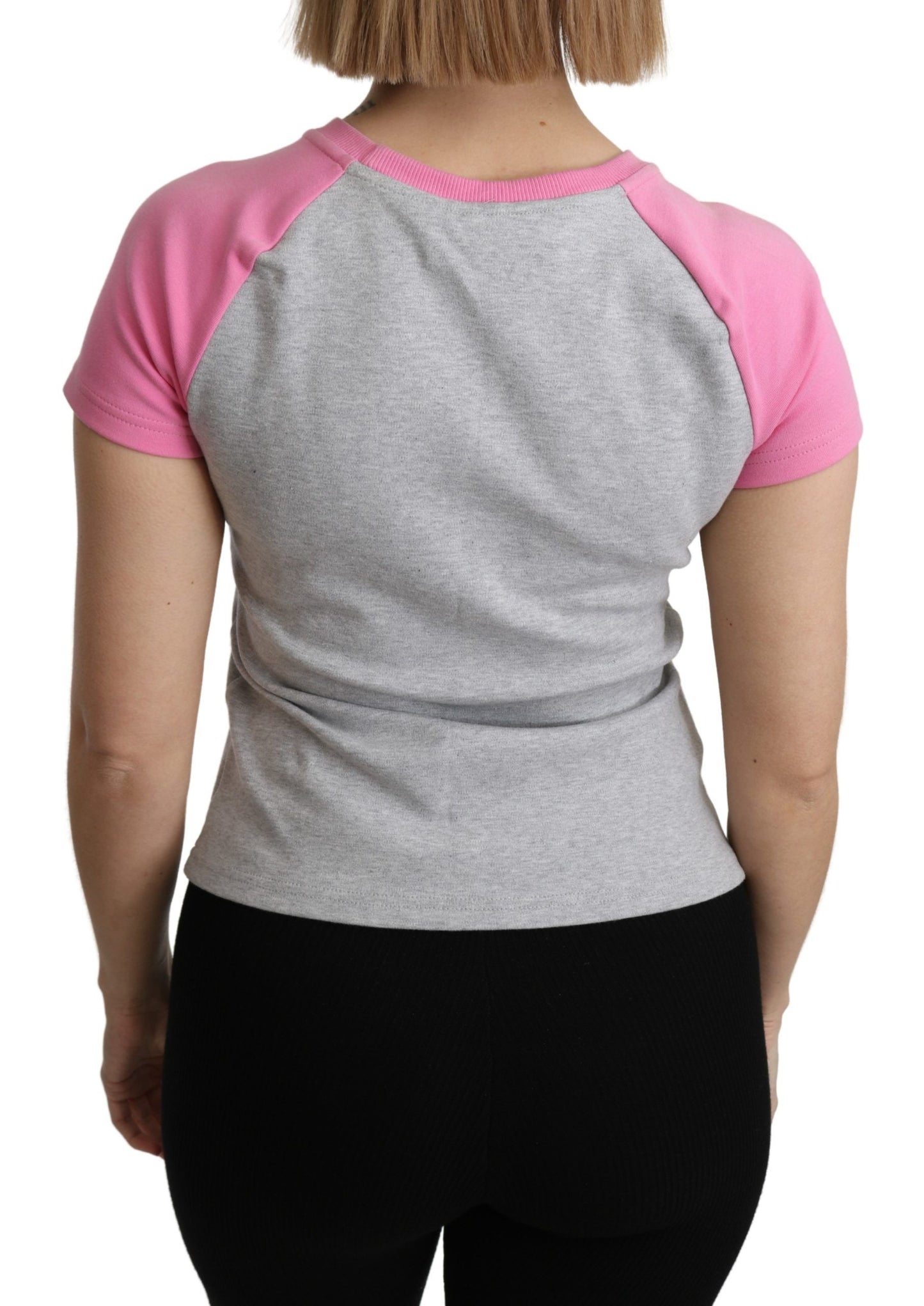 Moschino Chic Gray Crew Neck Cotton T-shirt with Pink Accents Moschino