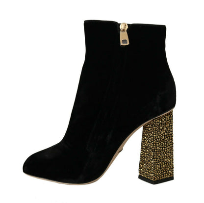 Dolce & Gabbana Elegant Velvet Ankle Boots with Crystal Heels Dolce & Gabbana