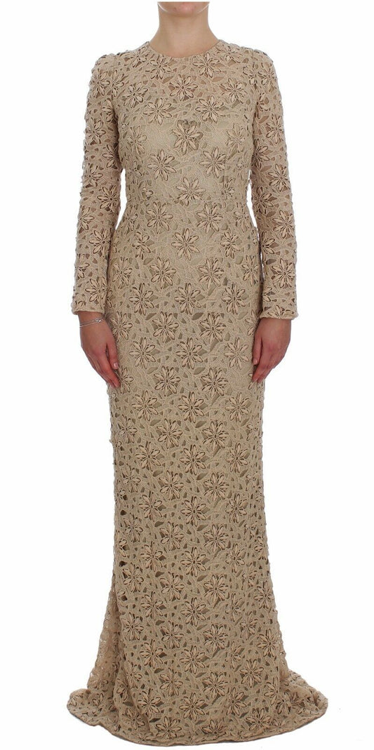 Dolce & Gabbana Beige Floral Lace Long Sleeve Maxi Dress Dolce & Gabbana