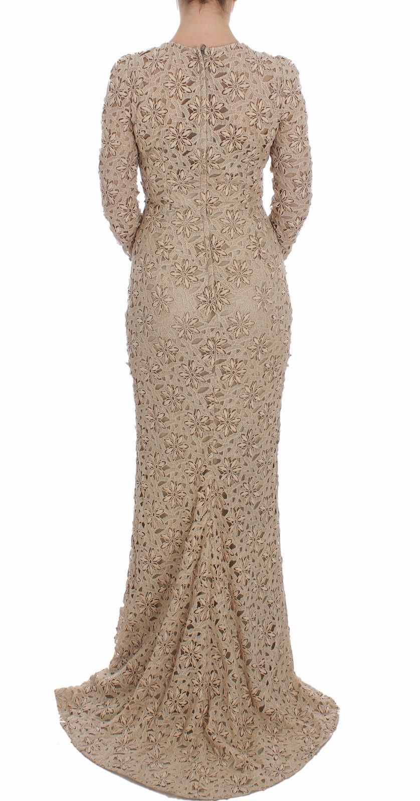 Dolce & Gabbana Beige Floral Lace Long Sleeve Maxi Dress Dolce & Gabbana