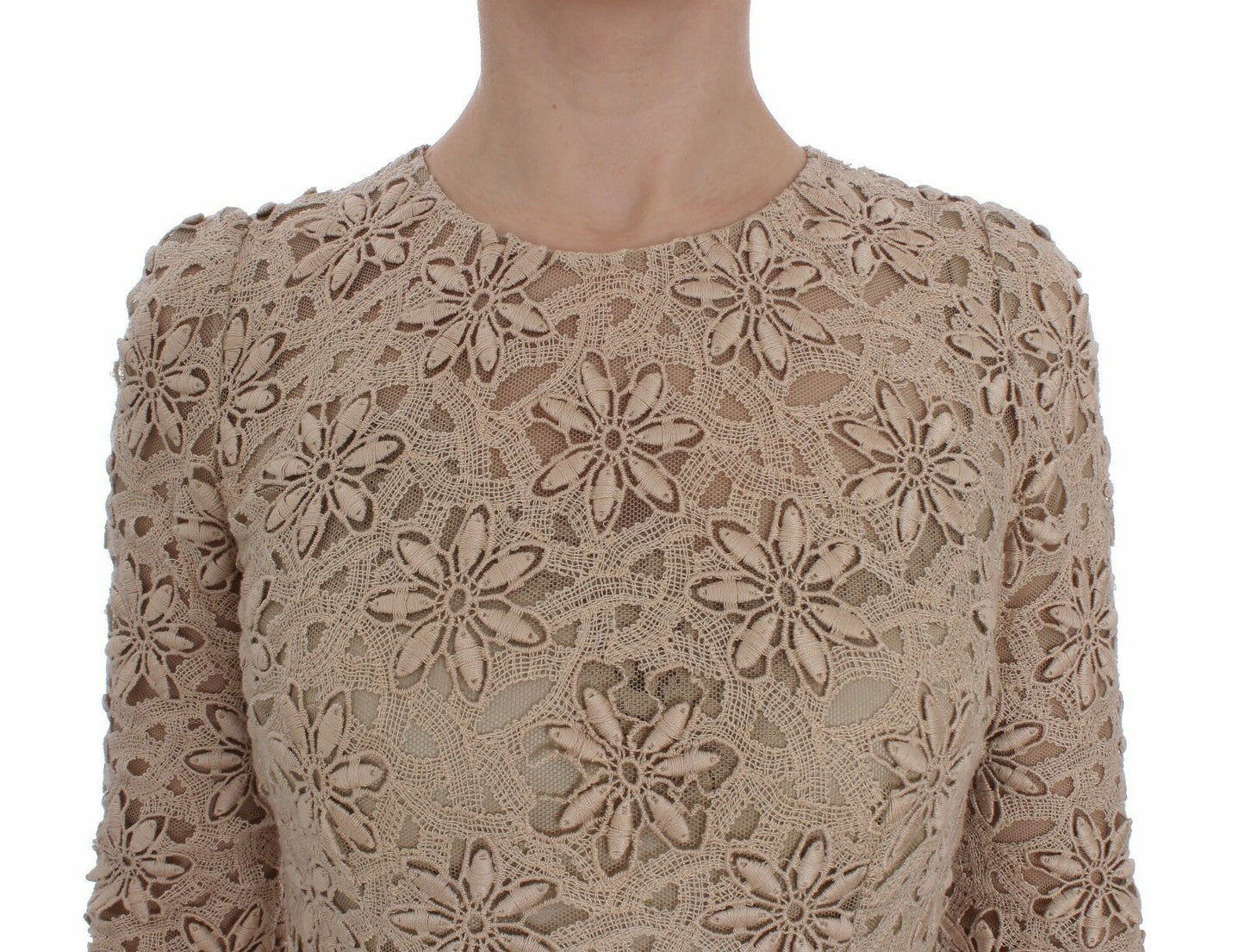 Dolce & Gabbana Beige Floral Lace Long Sleeve Maxi Dress Dolce & Gabbana