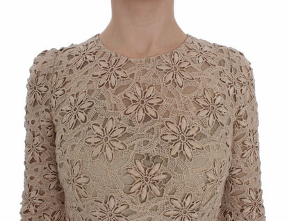 Dolce & Gabbana Beige Floral Lace Long Sleeve Maxi Dress Dolce & Gabbana