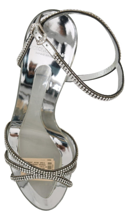 Dolce & Gabbana Silver Leather Ankle Strap Sandals with Crystals Dolce & Gabbana