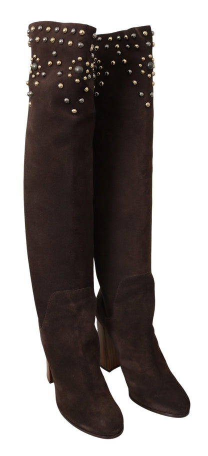 Dolce & Gabbana Studded Suede Knee High Boots in Brown Dolce & Gabbana