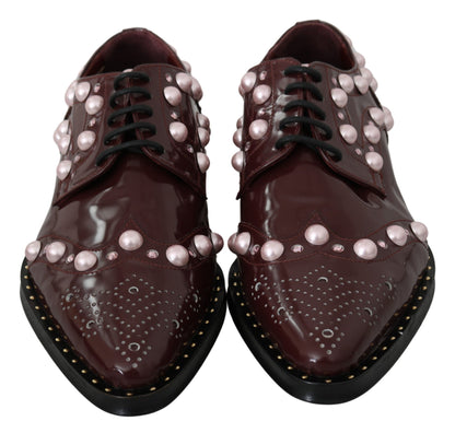 Dolce & Gabbana Elegant Bordeaux Lace-Up Flats with Pearls and Crystals Dolce & Gabbana