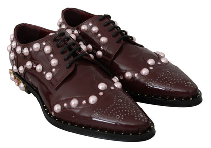 Dolce & Gabbana Elegant Bordeaux Lace-Up Flats with Pearls and Crystals Dolce & Gabbana