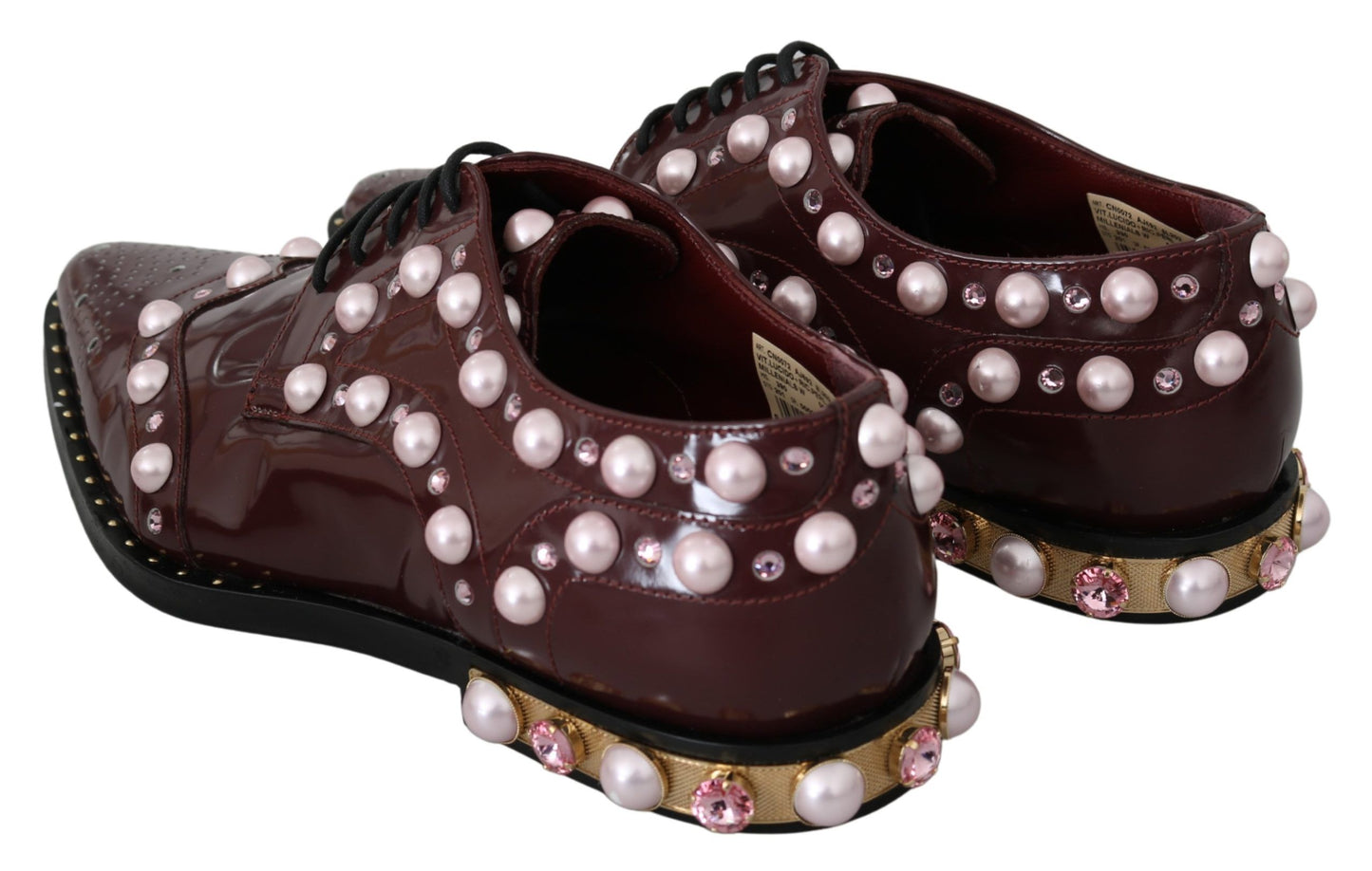 Dolce & Gabbana Elegant Bordeaux Lace-Up Flats with Pearls and Crystals Dolce & Gabbana