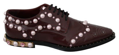 Dolce & Gabbana Elegant Bordeaux Lace-Up Flats with Pearls and Crystals Dolce & Gabbana