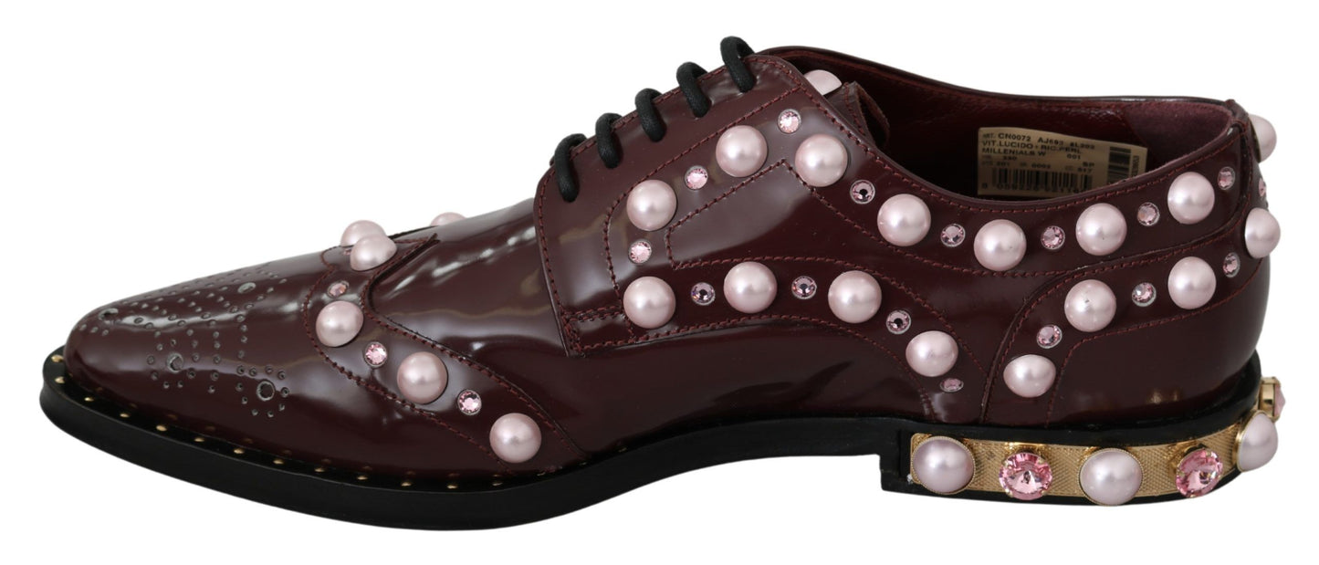 Dolce & Gabbana Elegant Bordeaux Lace-Up Flats with Pearls and Crystals Dolce & Gabbana