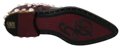 Dolce & Gabbana Elegant Bordeaux Lace-Up Flats with Pearls and Crystals Dolce & Gabbana