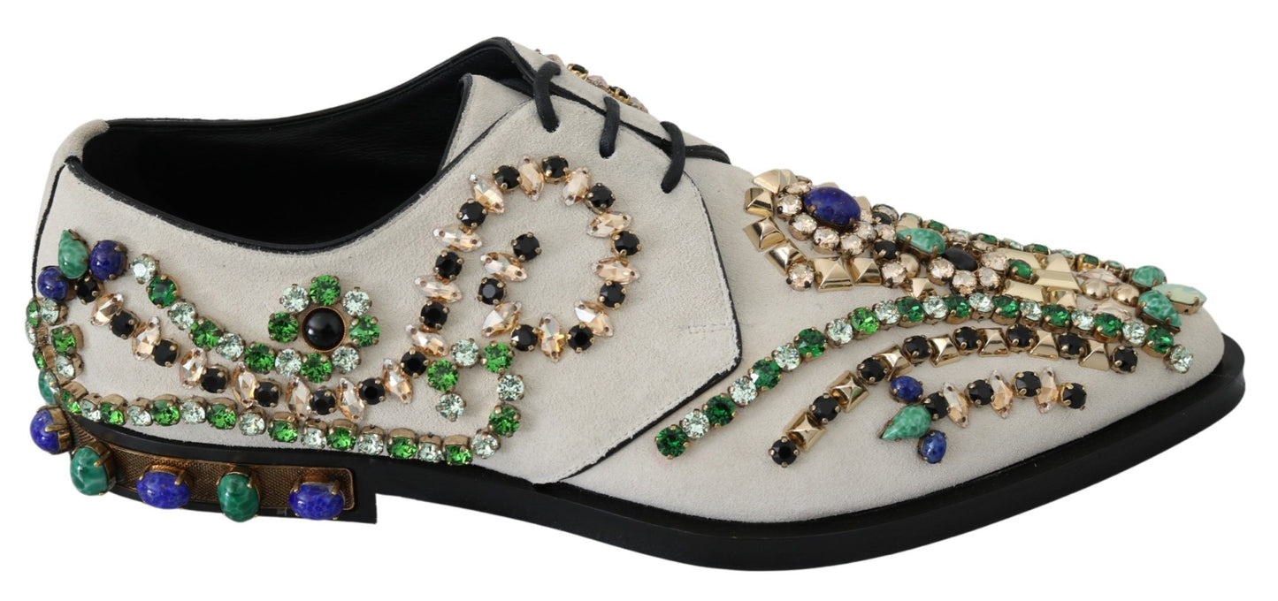 Dolce & Gabbana Elegant White Suede Dress Flats with Crystals Dolce & Gabbana