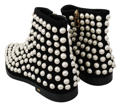 Dolce & Gabbana Chic Black Suede Ankle Boots with Pearls Dolce & Gabbana