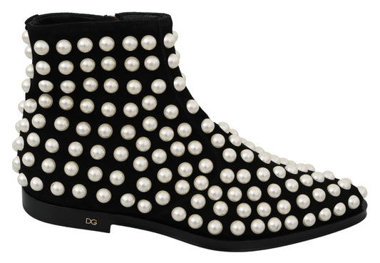 Dolce & Gabbana Chic Black Suede Ankle Boots with Pearls Dolce & Gabbana