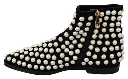 Dolce & Gabbana Chic Black Suede Ankle Boots with Pearls Dolce & Gabbana