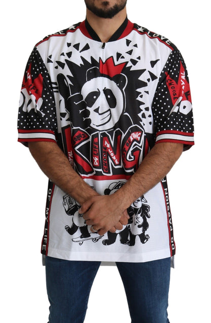 Dolce & Gabbana Chic White King Panda Print Zipper Collar Tee Dolce & Gabbana