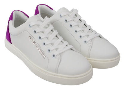 Dolce & Gabbana Chic White Leather Sneakers with Purple Accents Dolce & Gabbana