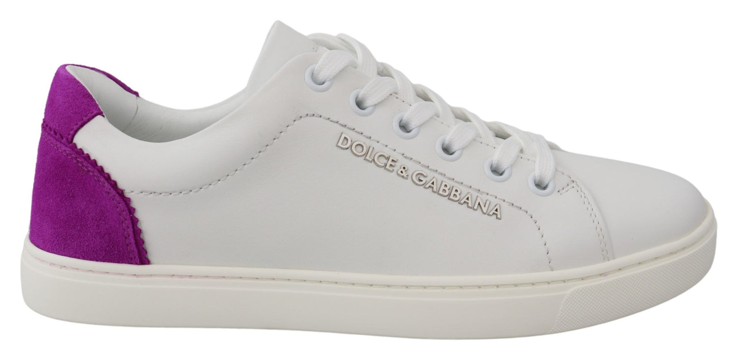 Dolce & Gabbana Chic White Leather Sneakers with Purple Accents Dolce & Gabbana