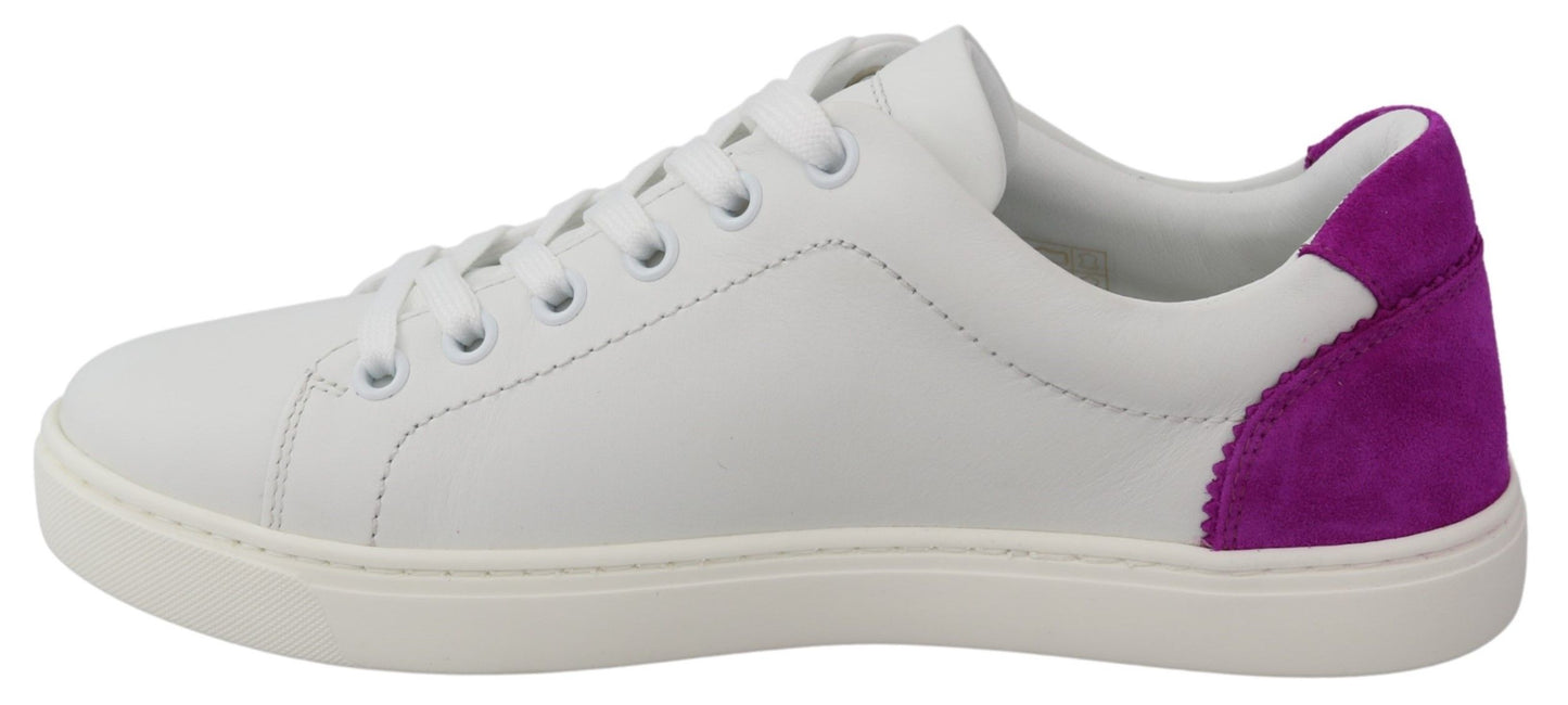 Dolce & Gabbana Chic White Leather Sneakers with Purple Accents Dolce & Gabbana