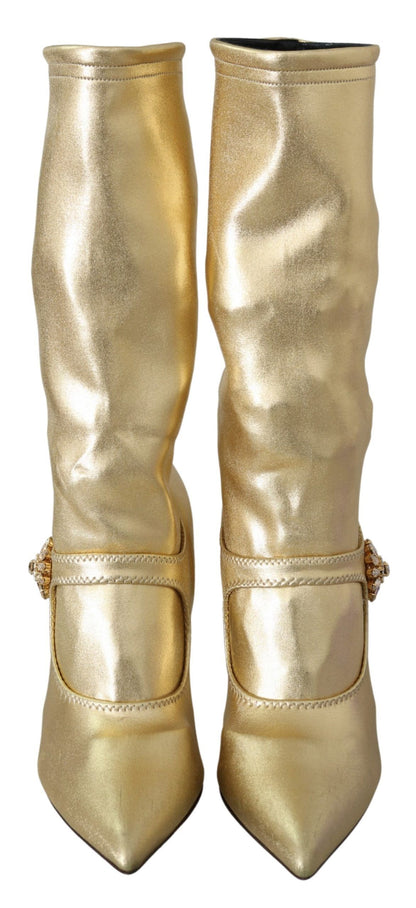 Dolce & Gabbana Elegant Gold Ankle Boots Socks with Rhinestones Dolce & Gabbana