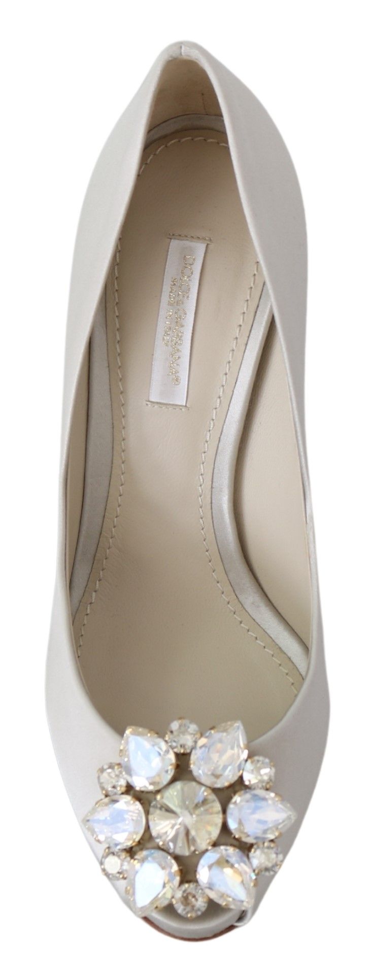 Dolce & Gabbana White Crystal Peep Toe Silk Blend Heels Dolce & Gabbana