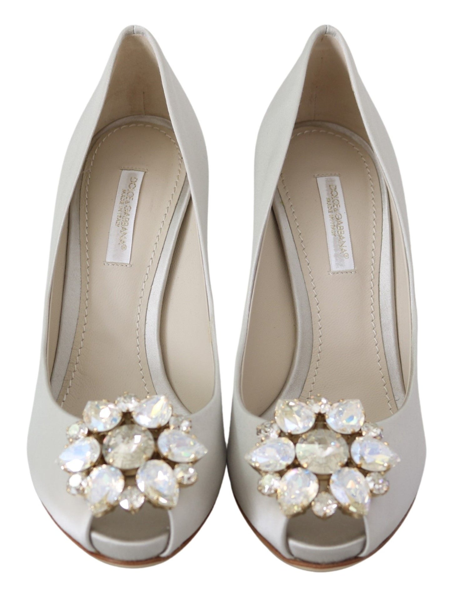 Dolce & Gabbana White Crystal Peep Toe Silk Blend Heels Dolce & Gabbana