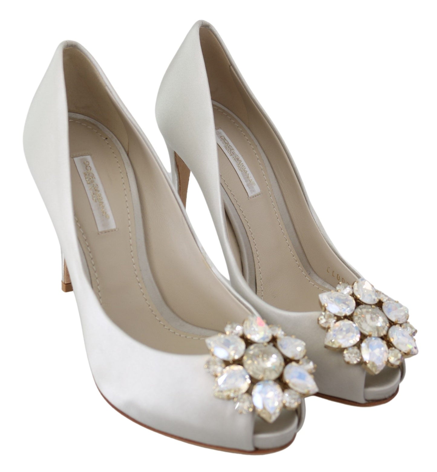 Dolce & Gabbana White Crystal Peep Toe Silk Blend Heels Dolce & Gabbana