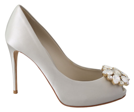 Dolce & Gabbana White Crystal Peep Toe Silk Blend Heels Dolce & Gabbana