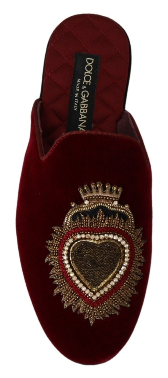 Dolce & Gabbana Red Velvet Embroidered Slides Dolce & Gabbana