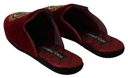 Dolce & Gabbana Red Velvet Embroidered Slides Dolce & Gabbana