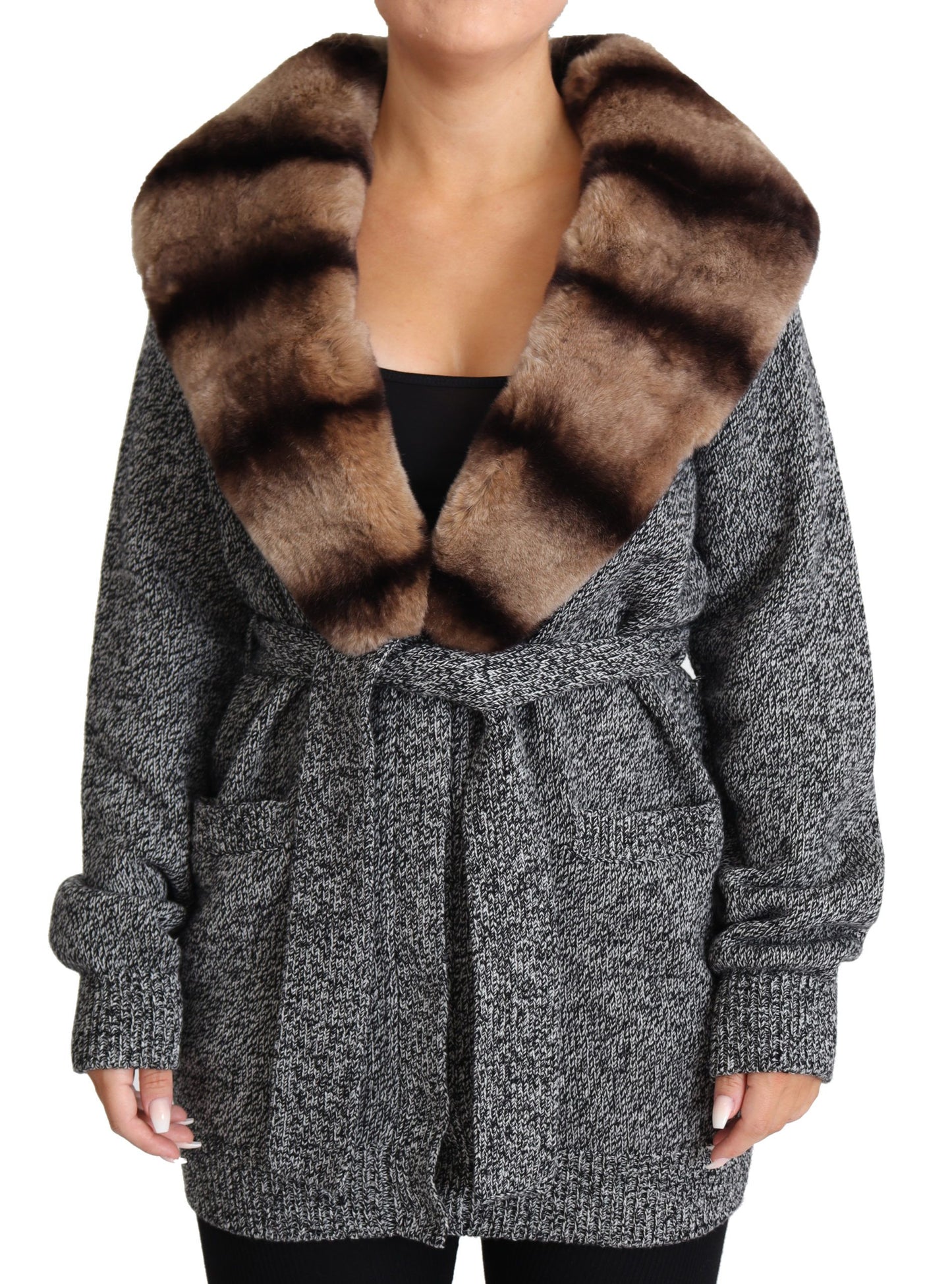 Dolce & Gabbana Elegant Cashmere Cardigan with Rabbit Fur Collar Dolce & Gabbana