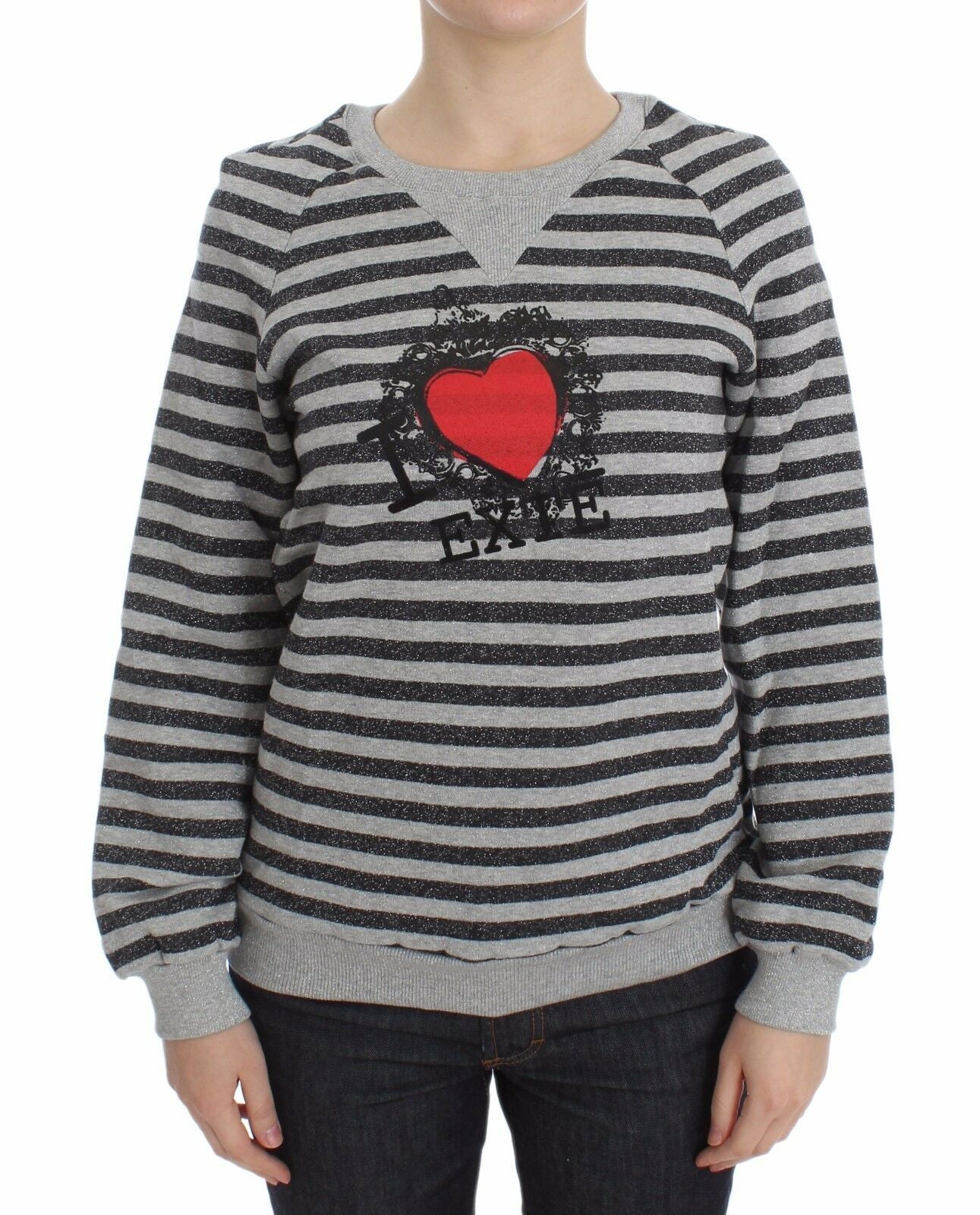 Exte Chic Gray Striped Crew-Neck Sweater Exte