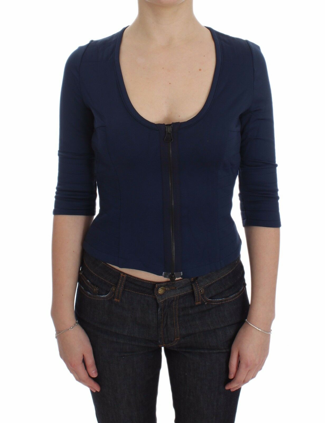 Exte Chic Zippered Crew-Neck Blue Sweater Exte