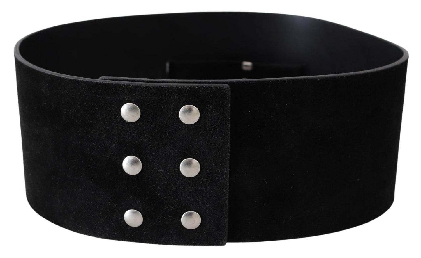 GF Ferre Elegant Black Leather Wide Belt with Silver Tone Buckle GF Ferre