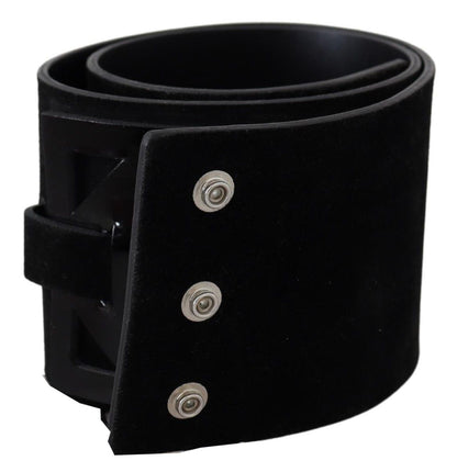 GF Ferre Elegant Black Leather Wide Belt with Silver Tone Buckle GF Ferre