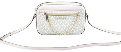 Michael Kors Jet Set Item Large East West Signature Leather Zip Chain Crossbody Handbag (Vanilla PVC/Powder Blush) Michael Kors