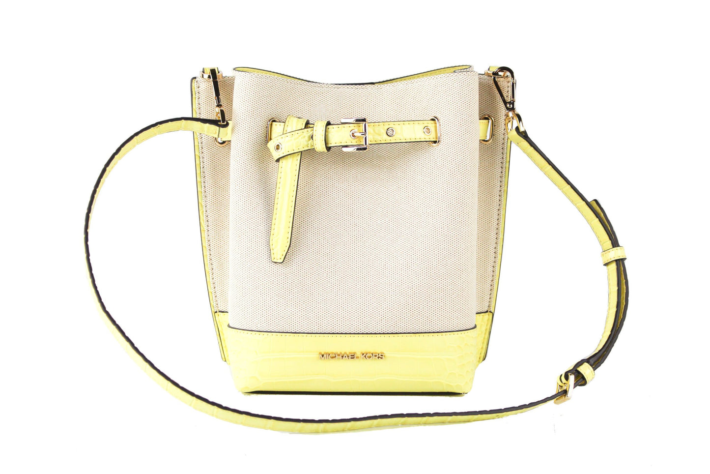 Michael Kors Emilia Small Canvas Snakeskin Print Leather Bucket Bag Messenger Crossbody Handbag (Buttercup) Michael Kors