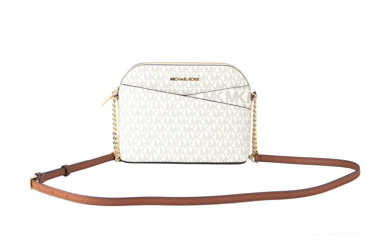 Michael Kors Jet Set Travel Medium Leather X Cross Dome Crossbody Handbag (Vanilla Signature/Gold) Michael Kors